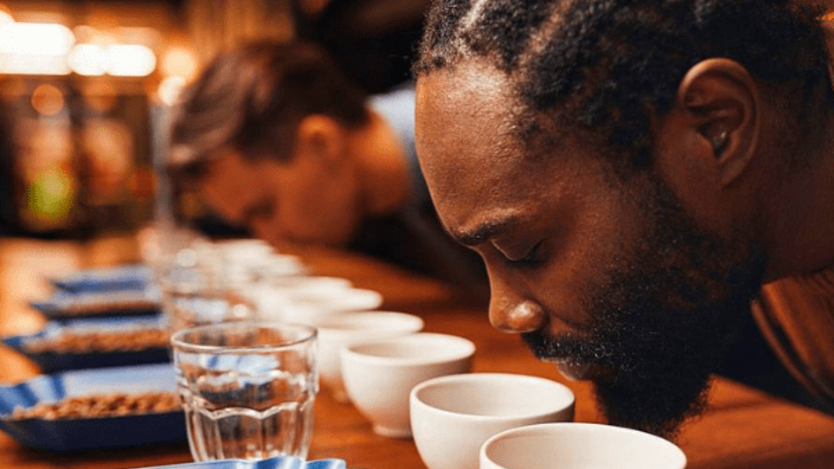 People smelling coffee during a cupping